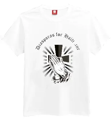 A white Diasporas for Haiti Inc. t-shirt.