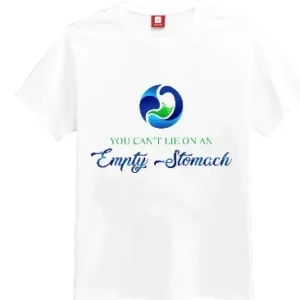 A white t-shirt with a front print that says, “Empty Stomach.”