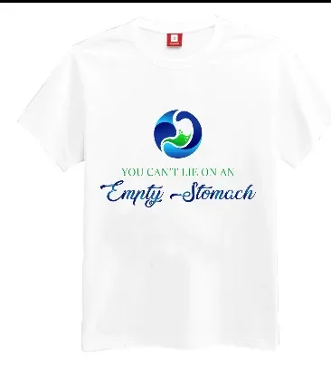 A white t-shirt with a front print that says, “Empty Stomach.”